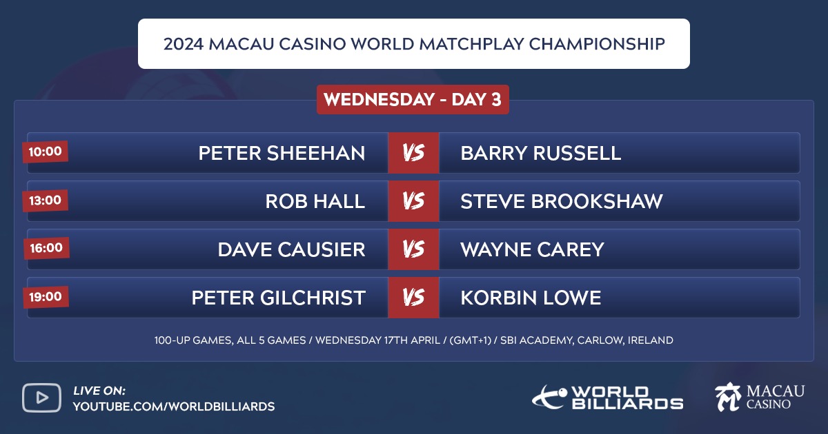 🏆 2024 MACAU CASINO WORLD MATCHPLAY | WATCH LIVE 🇮🇪 The world's top two players, Peter Gilchrist and David Causier, are in action today LIVE on our official YouTube channel ➡️ youtube.com/worldbilliards The full live stream schedule for today: #WorldBilliards