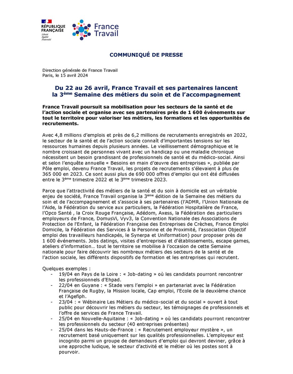 [Communiqué de #presse] 3e édition de la Semaine des métiers du #soin et de l’accompagnement 📣

Près de 1 600 événements organisés sur l’ensemble du #territoire avec nos partenaires ➡️ francetravail.org/accueil/commun… <a href="/ADMRun/">ADMR</a> @UNAdomicile <a href="/FESP_SERVICES/">FESP_SERVICES</a> <a href="/laFHF/">FHF</a> <a href="/OPCOSante/">OPCO Santé</a> @Groupe_DomusVi