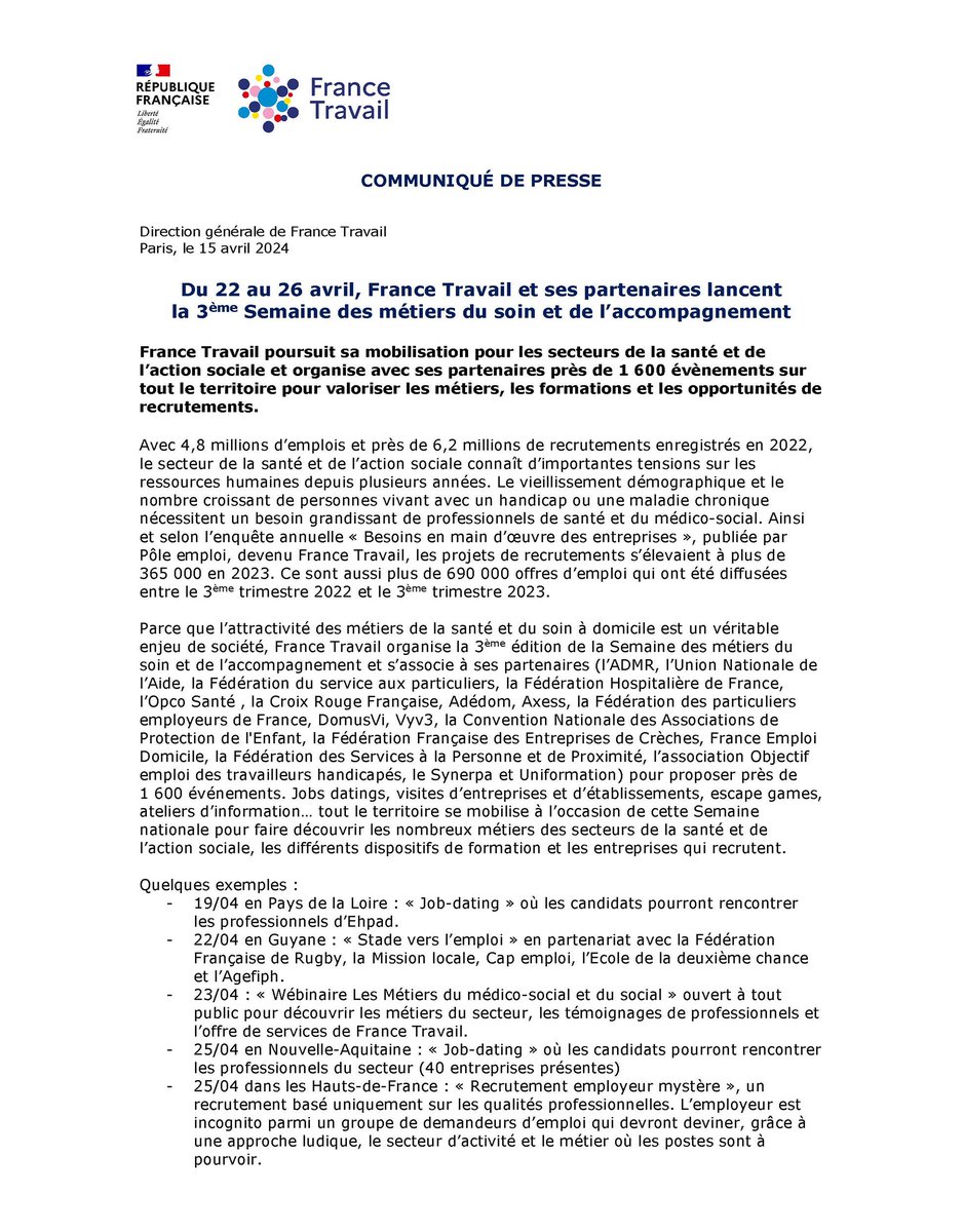 [Communiqué de #presse] 3e édition de la Semaine des métiers du #soin et de l’accompagnement 📣 Près de 1 600 événements organisés sur l’ensemble du #territoire avec nos partenaires ➡️ francetravail.org/accueil/commun… @ADMRun @UNAdomicile @FESP_SERVICES @laFHF @OPCOSante @Groupe_DomusVi