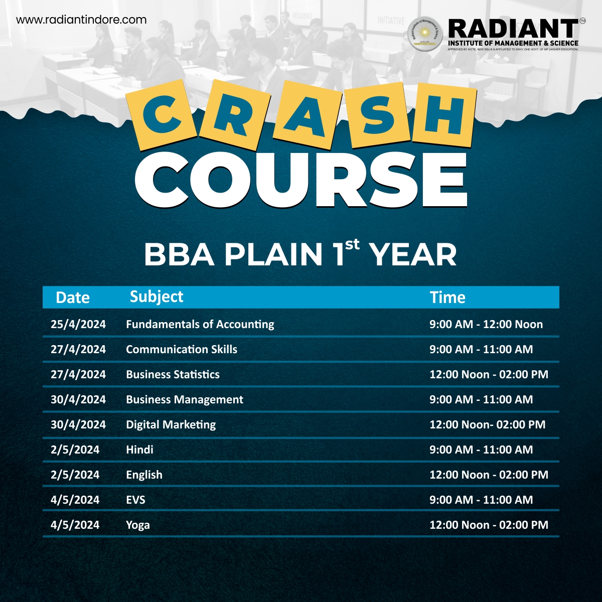 Unlock the fast lane to B.B.A. success with Radiant College's Crash Course!Dive into dynamic lessons, conquer challenging topics, and accelerate your academic growth. Don't miss out on this opportunity to shine. #RadiantCollege #BBACrashCourse #AcceleratedLearning #RIMS