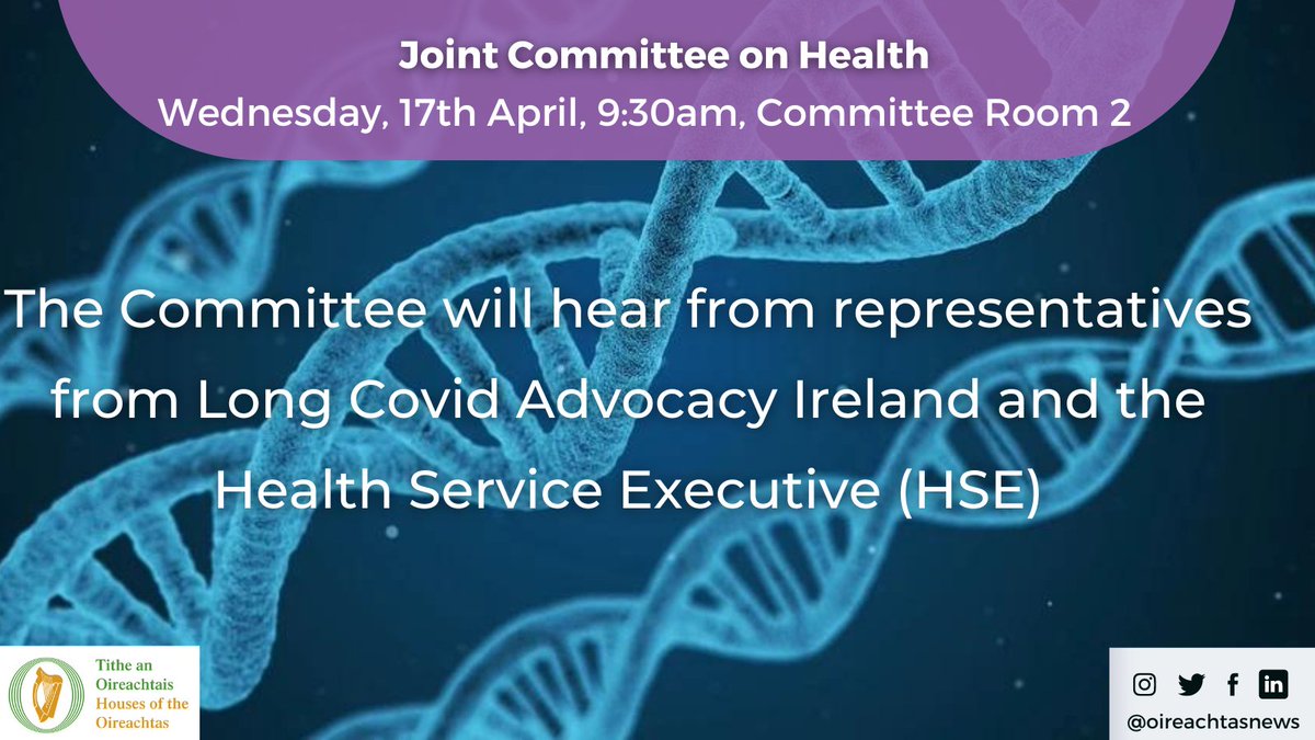 The Joint Committee on Health chaired by Deputy @SeanCroweTD meets for consideration of the delivery of health services for patients with Long Covid at 9:30am. #SeeForYourself on #OireachtasTV at bit.ly/2KtPKh2