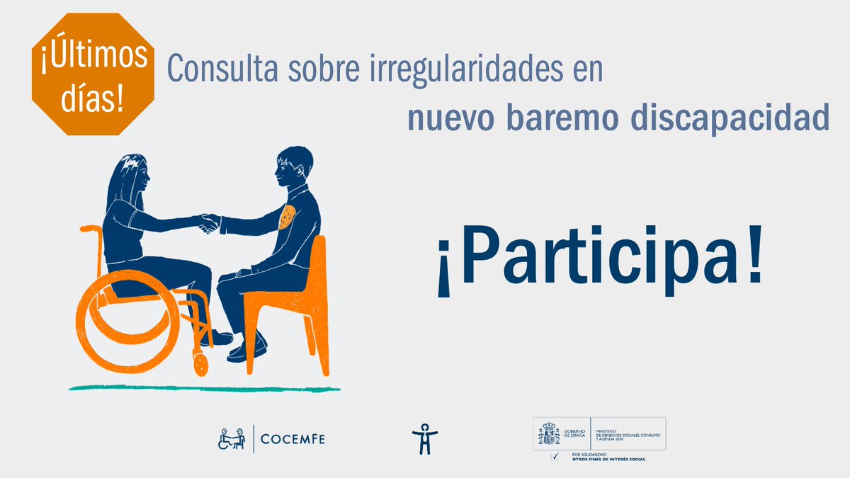 🔵 ¡Últimos días para participar en nuestra consulta sobre el nuevo baremo de reconocimiento de discapacidad! Si tienes discapacidad o eres parte del Movimiento Asociativo, tu opinión cuenta. ¡Solo hasta el 20 de abril! #InvestigaCOCEMFE #DerechosCOCEMFE es.surveymonkey.com/r/baremodiscap…