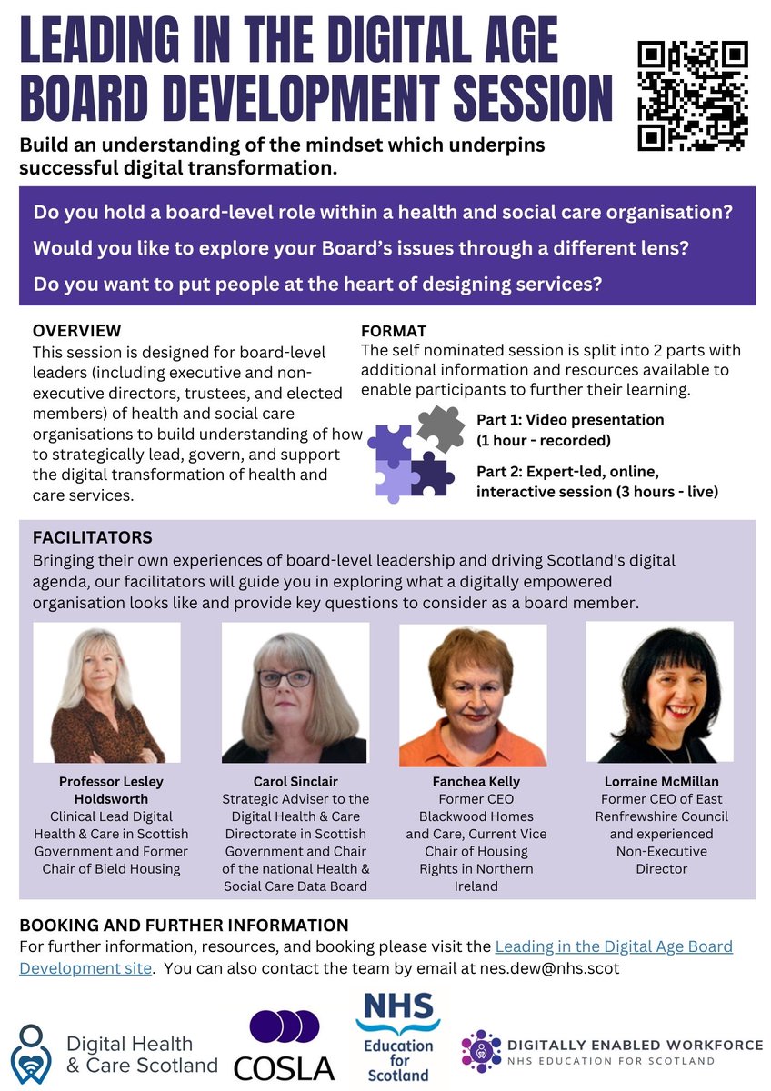 Digital Mindset Board Development Session
Designed for those in board-level roles across health and social care organisations in Scotland we have spaces on our session on the 29 April.
Join a live interactive session led by an expert facilitator sign up ⬇️
learn.nes.nhs.scot/71018