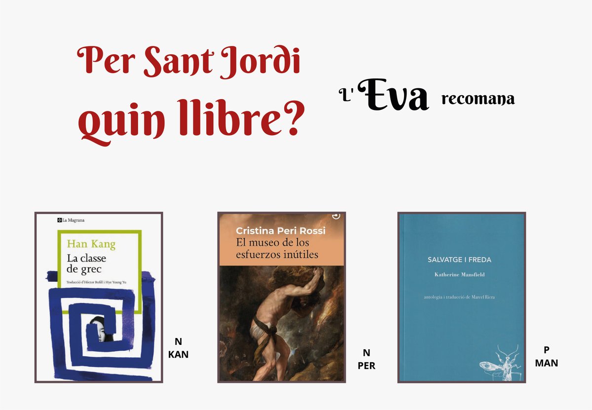 🐉🌹S'acosta Sant Jordi! 

👉 Des de la Biblioteca us portem les recomanacions literàries de l'equip, comencem per les de l'Eva!

📚 Al llarg de la setmana anirem publicant les propostes de tot el nostre equip!

#SantJordi2024