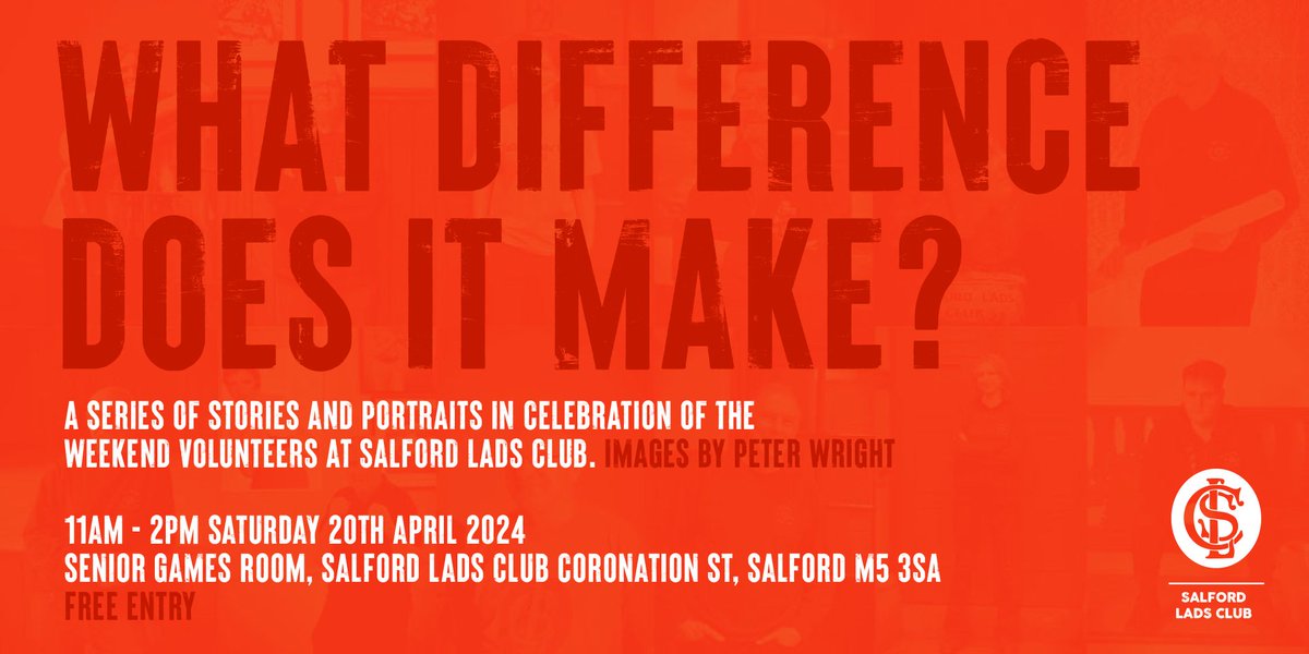 This Saturday (20th April 2024 from 11 am to 2 pm) at the inimitable @salfordladsclub, a photo exhibition (What Difference Does It Make?) by Peter Wright is being held to celebrate its amazing volunteers! It's free entry, too! Please do come on down and check it out, y'all! 💚