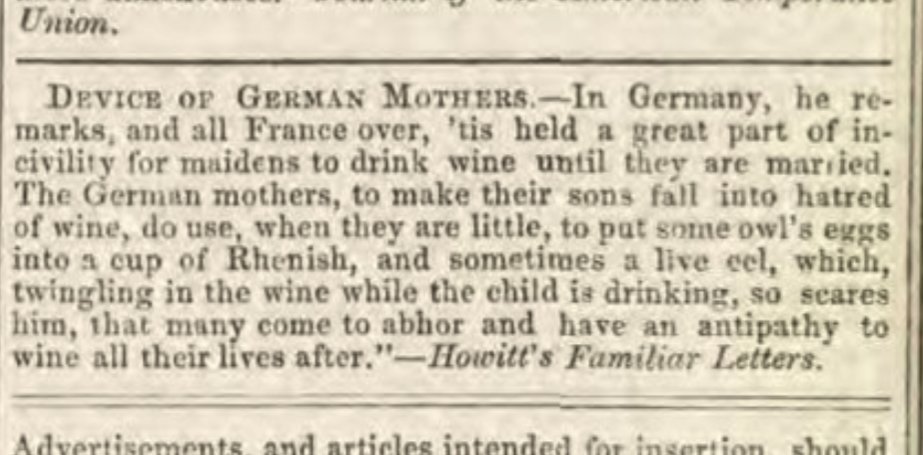 'Yes, it's quite an amusing story, actually. When I was a child my mother tricked me into drinking a glass of wine with a live eel and some owl's eggs in it.' The Teetotal Times and Essayist, 1851, via the wonderful Livesey collection at UCLAn jstor.org/site/universit…