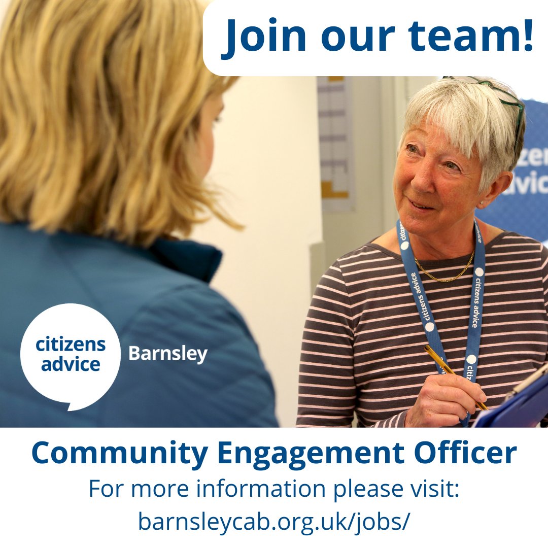 DEADLINE APPROACHING! 
If you want to join our team as a Community Engagement Officer make sure to get your application in before midday on Thursday 25th April.

For more information and an application pack visit: barnsleycab.org.uk/jobs