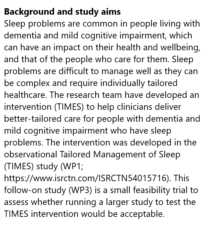 Tailored sleep management for people living with dementia and mild cognitive impairment Read about @TrialTimes registered at #ISRCTN isrctn.com/ISRCTN54051676