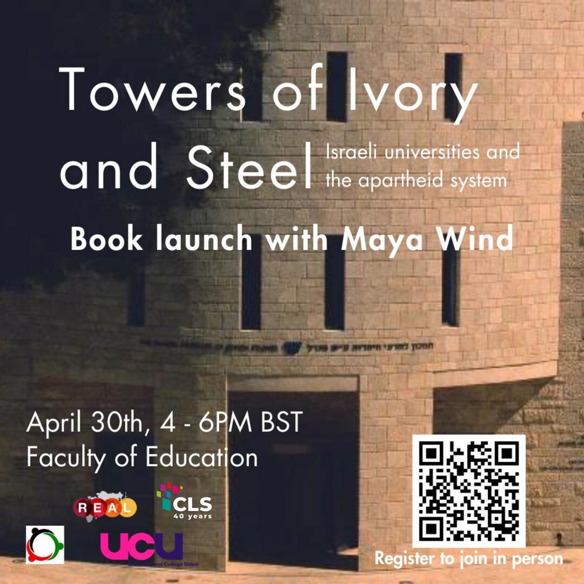 Register now for the launch of @mayaywind 's  book 'Towers of Ivory & Steel: How Israeli Universities Deny Palestinian Freedom', @VersoBooks 30 Apr 4-6pm BST! eventbrite.co.uk/e/towers-of-iv…