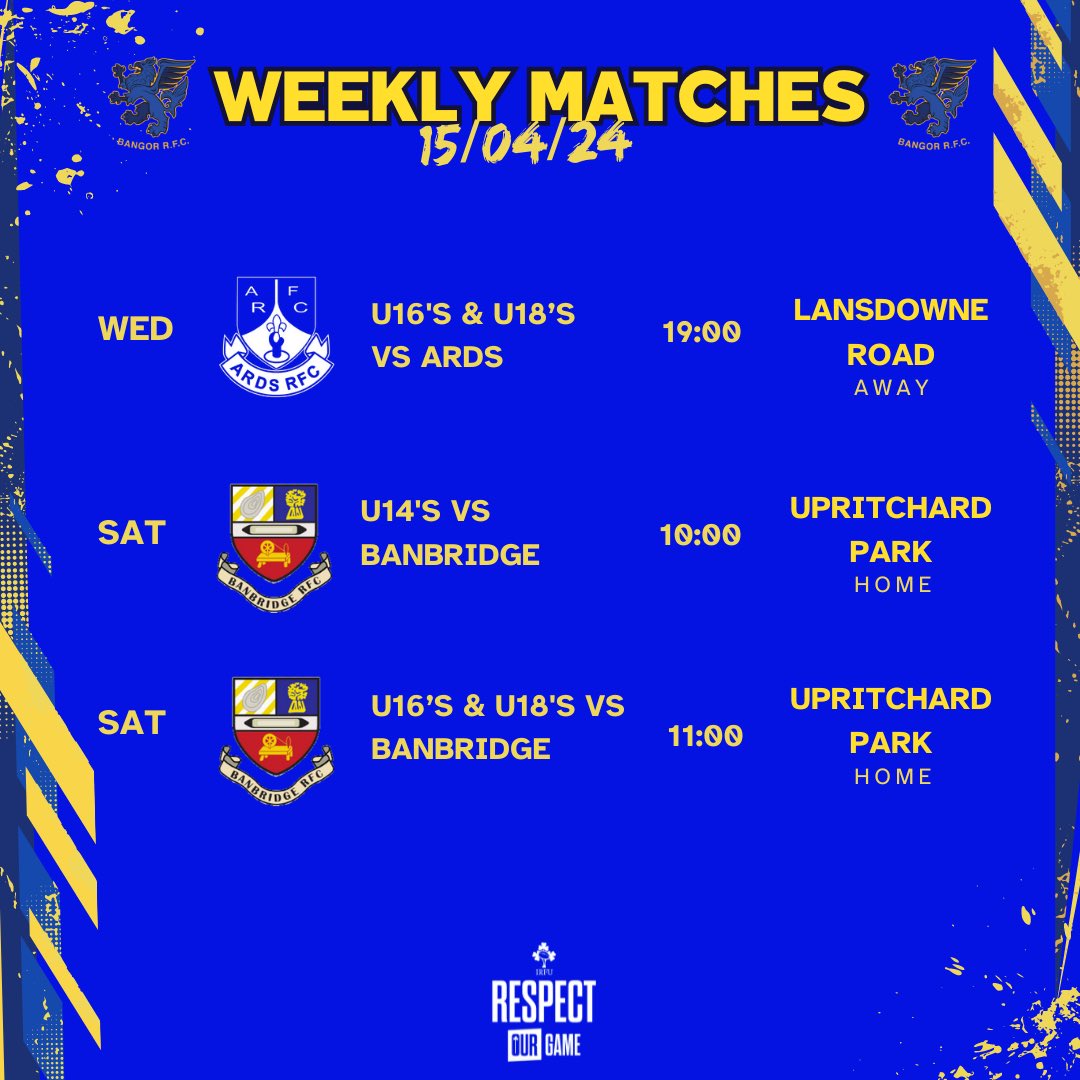 🤩THIS WEEK🤩 Our youth teams take the glory again this week! U16’s & U18’s play @ArdsRugbyClub TONIGHT with a 7PM KO & then our youth sections head to @banbridgerugby on Sat! Please support them if you can 💛💙