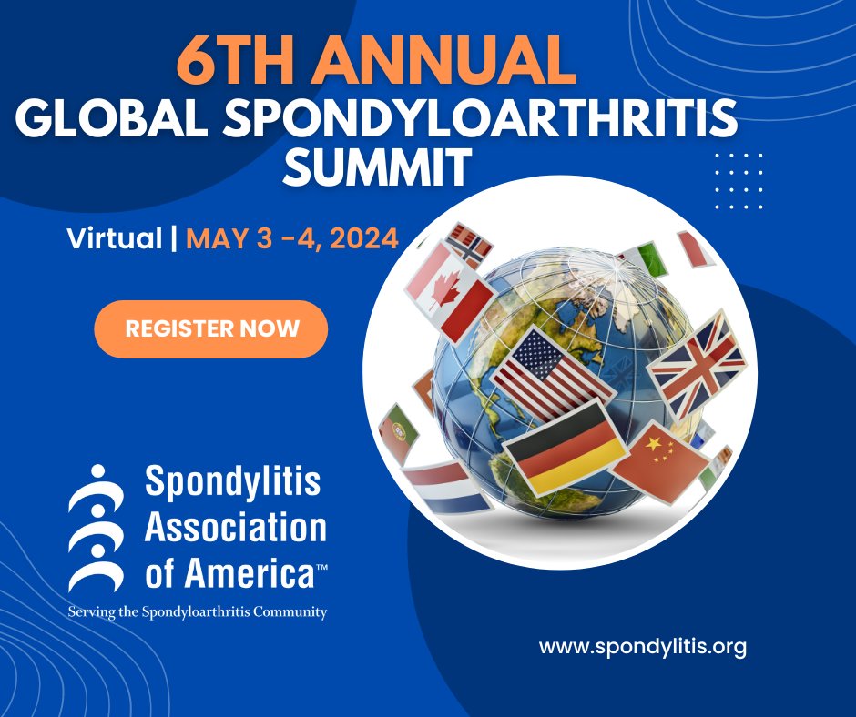 Join @spondylitis's 6th Annual Global Spondyloarthritis Summit, May 3-4, 2024. Topics include Minimizing Fatigue, Precision Medicine, AI in SpA treatments, and more. Register: spondyloarthritissummit2024.vfairs.com #ankylosingspondylitis #axspa #chronicbackpain #WorldASDay2024