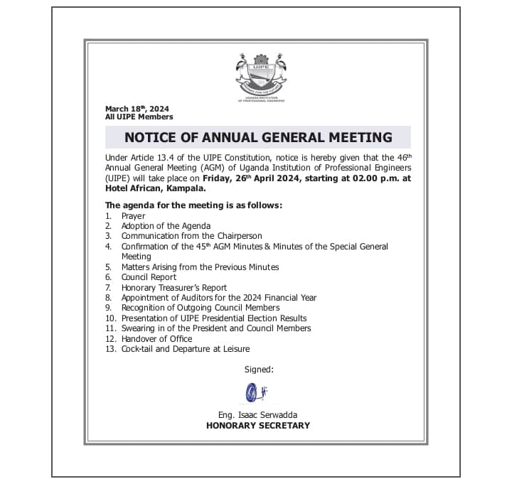 #wednesdaythought Kind reminder to attend the AGM slated for Friday 26th April 2024 at Hotel Africana Kampala. #UIPEUpdates