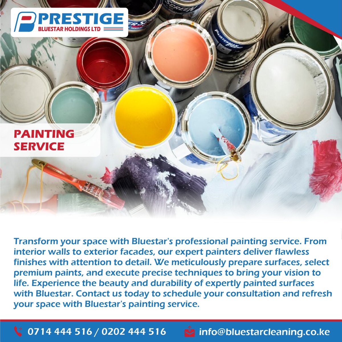 Revitalize your space with Bluestar's expert painting service. Our skilled painters ensure perfection for interiors and exteriors. | Call/WhatsApp 0714444516/0202444516, Nairobi, Kenya.
Kawaida
#Tuliwashow 
#BuildingLIVESScholarship
Barcelona 
Care and Health
Dembele
Githinji