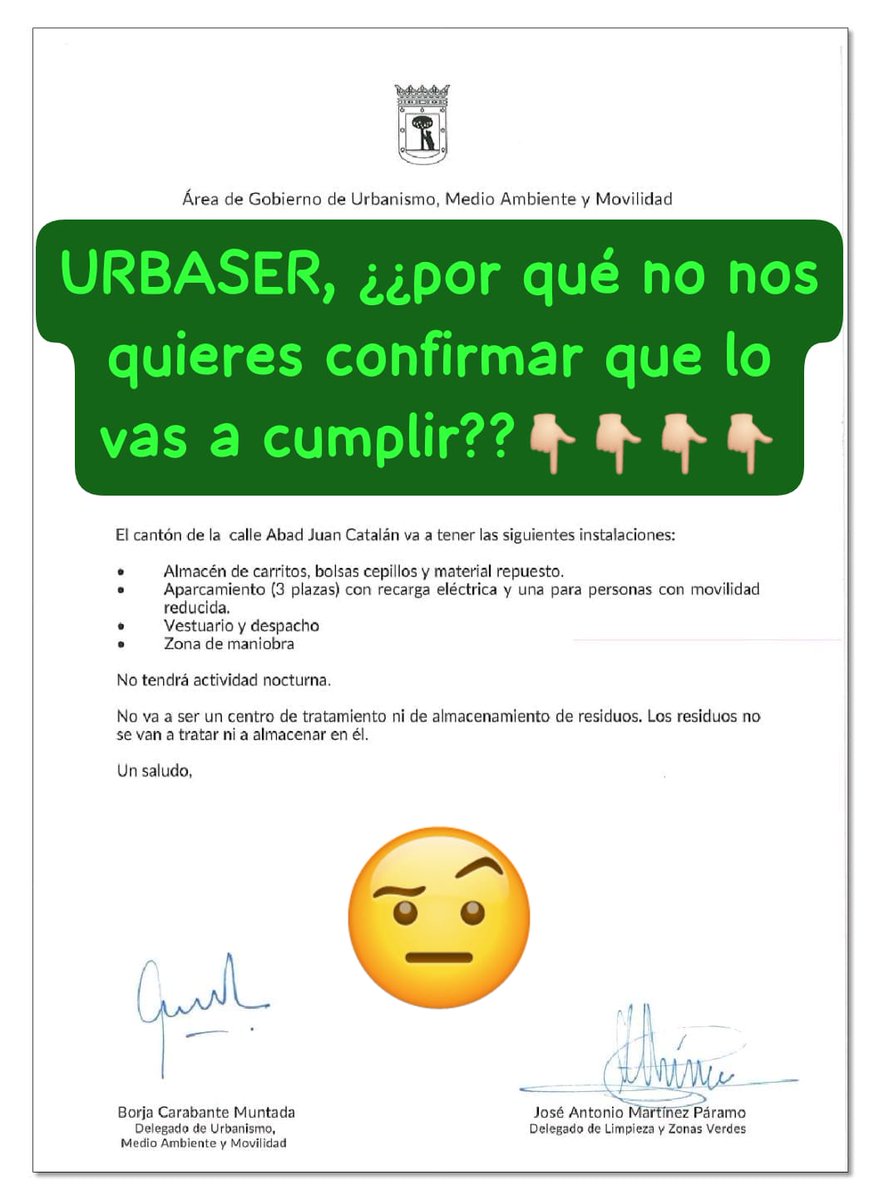 <a href="/urbaser_/">Urbaser</a> <a href="/urbaser_/">Urbaser</a> calle no nos falta, lo que nos falta es que nos contestéis que habéis recibido este cambio de uso del cantón por parte del Ayunt <a href="/MADRID/">Ayuntamiento Madrid</a> de <a href="/bcarabante/">Borja Carabante</a> y <a href="/Mtnezparamo/">José A Mtnez Páramo</a>, y os comprometeis a respetarlo!!👇🏻