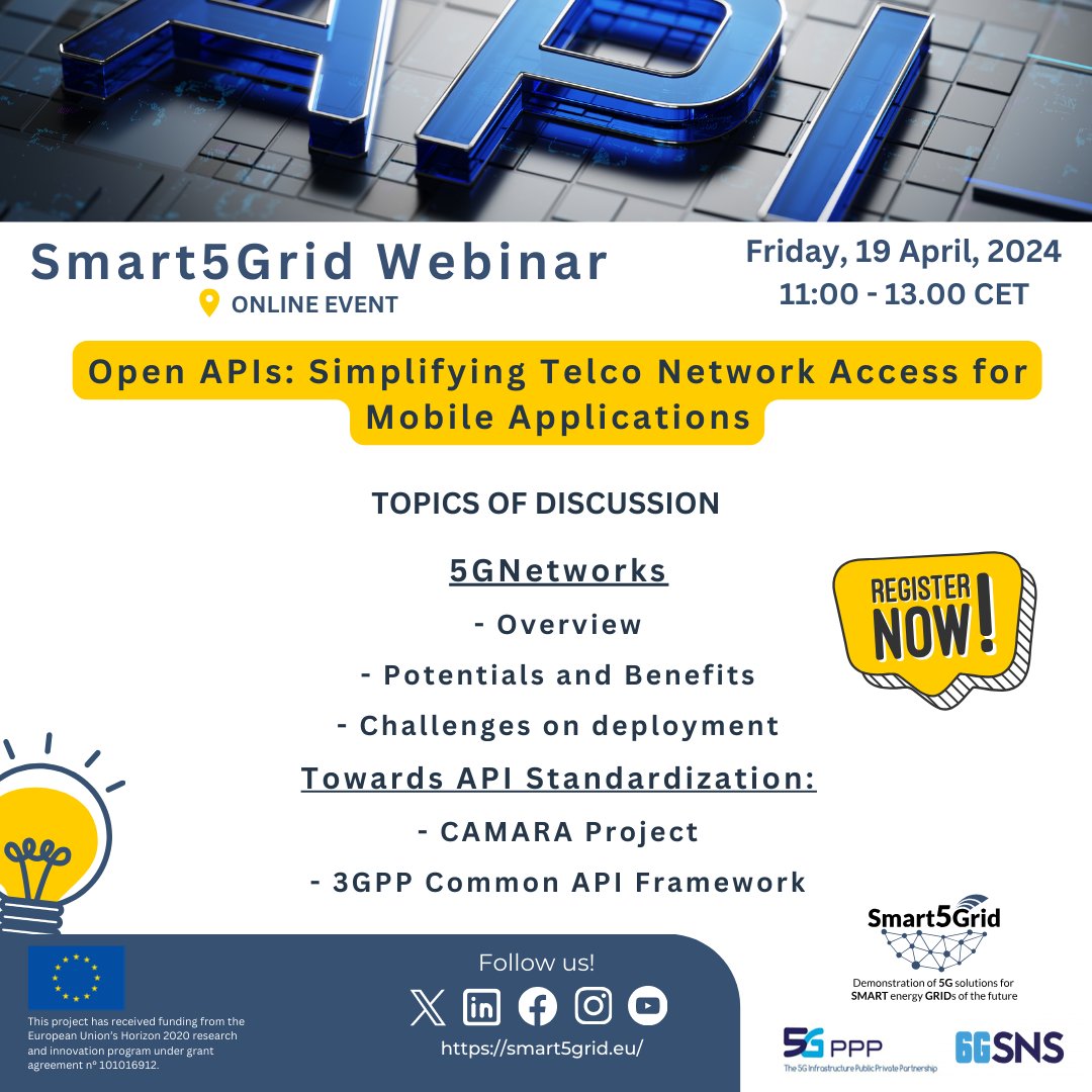 #LearnaboutSmart5Grid: ➡️'Open APIs: Simplifying Telco Network Access for Mobile Applications' webinar ⏰19 April 💡Explore how Open APIs revolutionize mobile application development by simplifying access to Telco networks 🔗 forms.gle/BK2X1BNf3sbDsz… @6G_SNS @hipeac @CORDIS_EU
