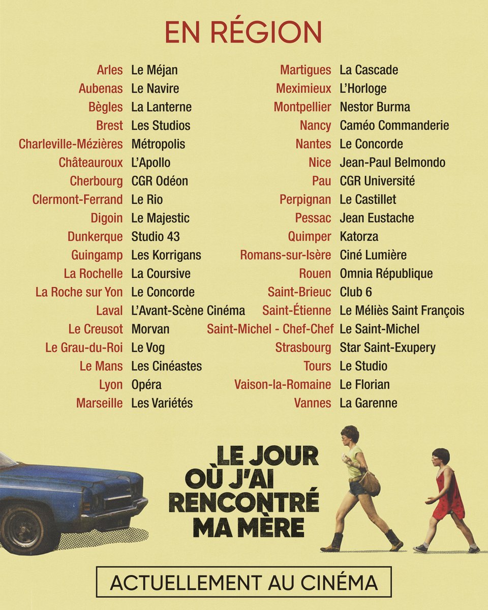 Cette semaine découvrez LE JOUR OÙ J’AI RENCONTRÉ MA MÈRE au cinéma ! 😎🚗
"Un road movie drôle et touchant sur l’enfance chahutée." <a href="/Telerama/">Télérama</a> 

Trouvez votre séance : …ur-ou-jai-rencontre-ma-mere.lefilm.co