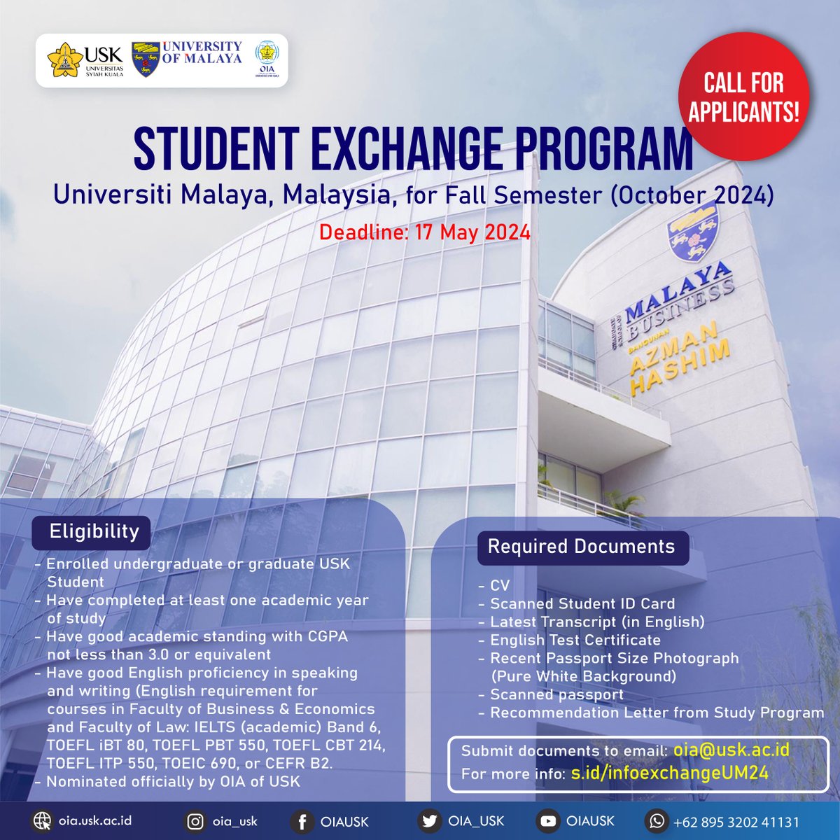 Call for applicants!
Universiti Malaya is currently open for registration for the student exchange program in Malaysia.
Do not miss this chance, sign up today!

#StudentExchange #Malaysia #UniversitiMalaya #StudyAbroad