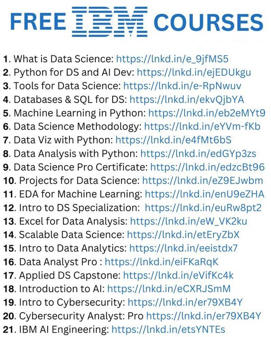 If you are looking for  courses about  Data Science, I have compiled the 20+ Best IBM Courses that I found super high quality and helpful.

🪢 7000+ Course Access : lnkd.in/dc7dUxkj

**Note 7 days trial is Free

#datascience #dataengineering #ai #machinelearning