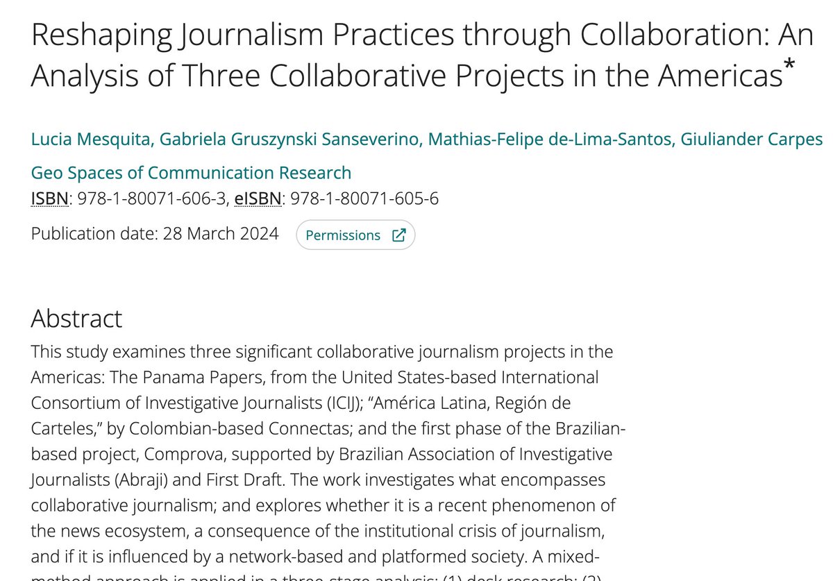 🚨 New Publication Alert! 🚨'Reshaping Journalism Practices through Collaboration: An Analysis of Three Collaborative Projects in the Americas', in 'Geo Spaces of Communication Research', authored by @GabiGru, @Mathias_Felipe @giucarpes and myself emerald.com/insight/conten…