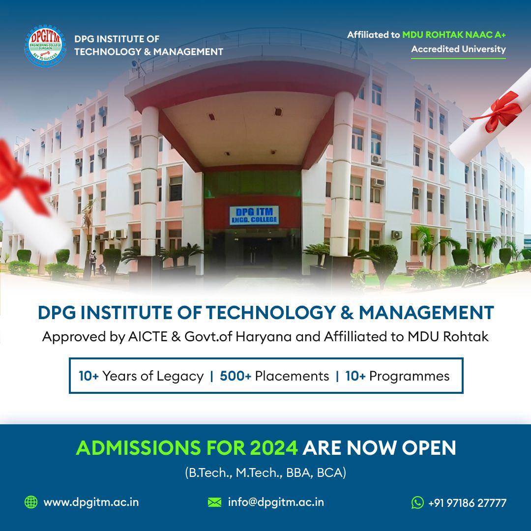 Learn More About Our Programs & Admissions 2024: dpgitm.ac.in 

#dpgitm #admissions2024 #collegeadmissions #gurugram #engineering #btech #btechadmission #bestcollegeingurugram #bestengineeringcollege #bestmanagementcollege #MDURohtak #graduation #graduate