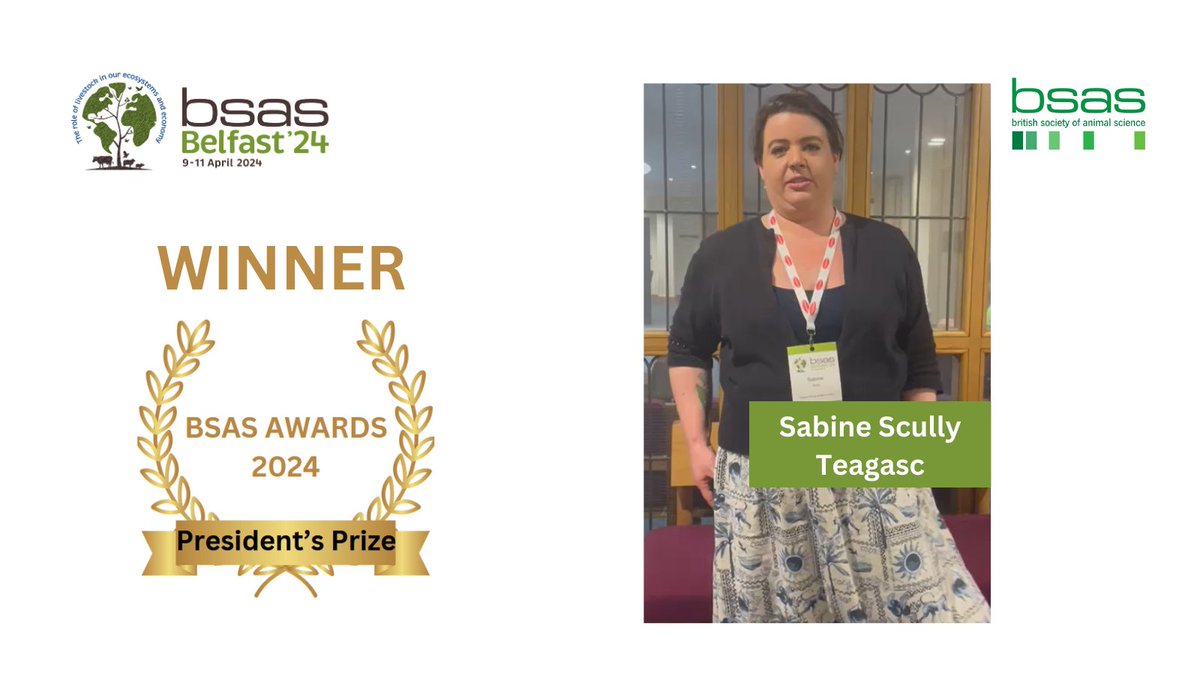 🏆 Congratulations to Sabine Scully @Teagasc on winning the President's Prize at BSAS 2024 for her fantastic work on the faecal microbiota and calf scour. Well done Sabine, this is a much deserved recognition of your hard work 👏👏 #Horizon2020 #BSAS2024 #animalscience