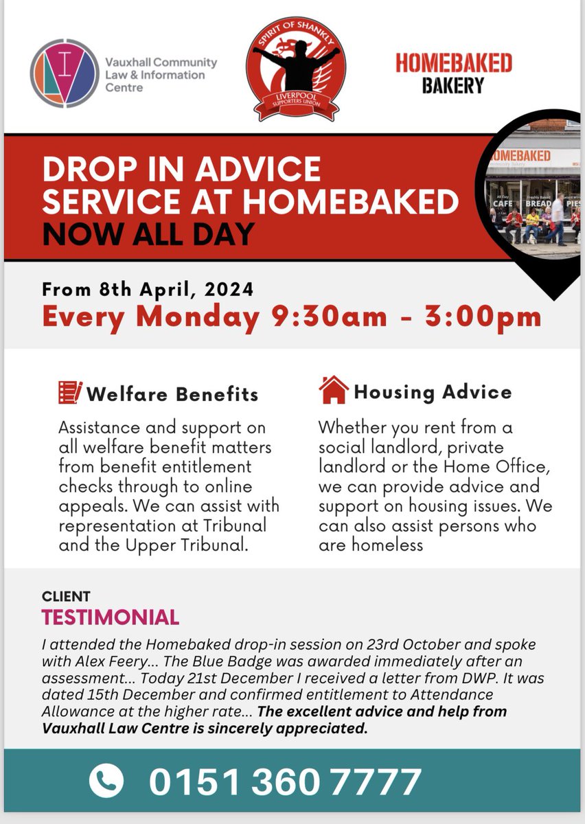 In the last 6 months, 42 clients secured £278,987 in financial gains after seeking advice at our Welfare Rights Advice Centre at @HomebakedBakery every Monday. This additional income for the local Anfield community was secured by advisors from @VLCLiverpool funded by our members