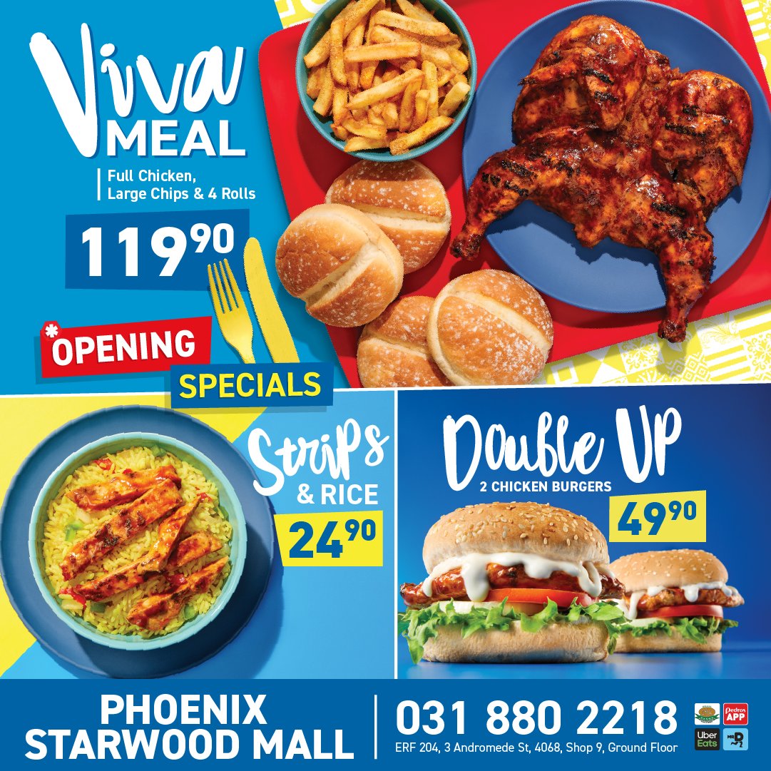 Olá, KZN! Pedros Starwood Mall will be OPENING this Friday 19th April at Shop 9, Starwood Mall, 3 Andromeda Street, Phoenix!
COMPETITION: 
You could WIN a R200 Pedros Feast for you and a friend! To enter:
- TAG someone who also loves great chicken!
- #VivaPedros