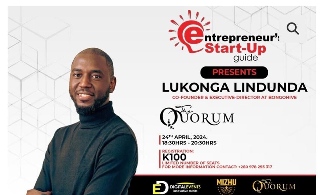 Next week Wednesday, Our Co-founder and Executive Director Lukonga Lindunda shares his entrepreneurial journey at the April edition of Startup Guide. 🗓️ 24th April 📍The Quorum 🕛 18:30Hrs - 20:30Hrs 💵K100 Tickets: bit.ly/StartupGuideQo…