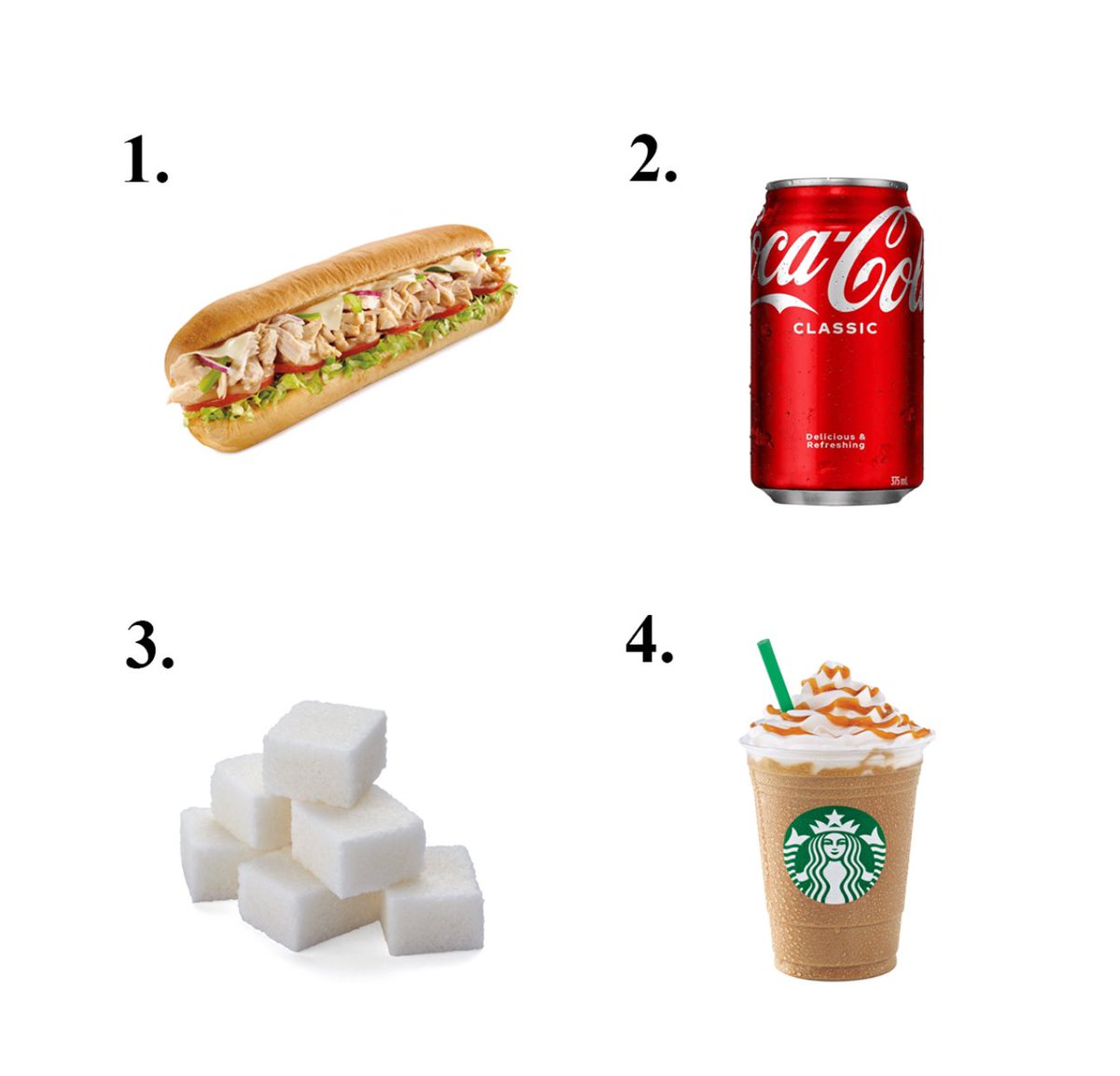 Put these in order, most sugar to least: 1) 12” subway bread role 2) can of Coke 3) 6 cubes of sugar 4) Starbucks Caramel Frappuccino- add your answers below #sugar #hiddensugar #type2diabetes