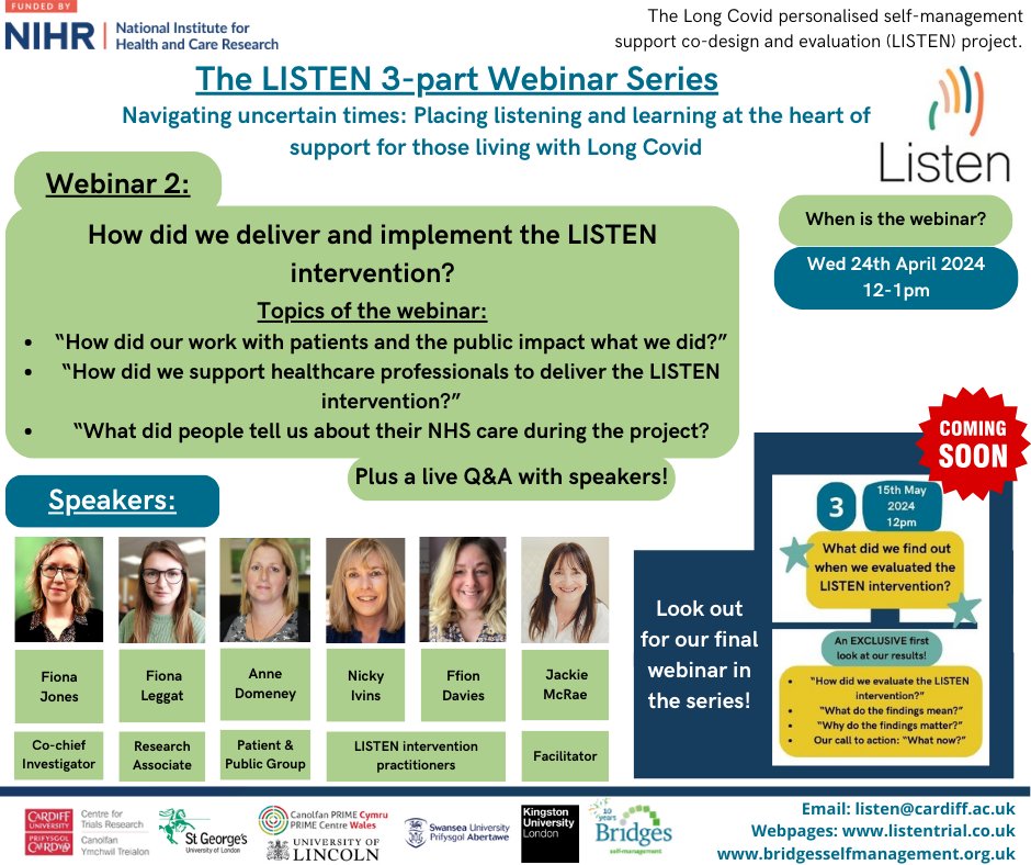 📣📣Only 7 days to go until Webinar 2⃣! 📅 We will be discussing how the #LongCovid LISTEN intervention was implemented, and participants' & healthcare professionals' perceptions of the intervention!! Please sign up with the link below 👇 us02web.zoom.us/webinar/regist…