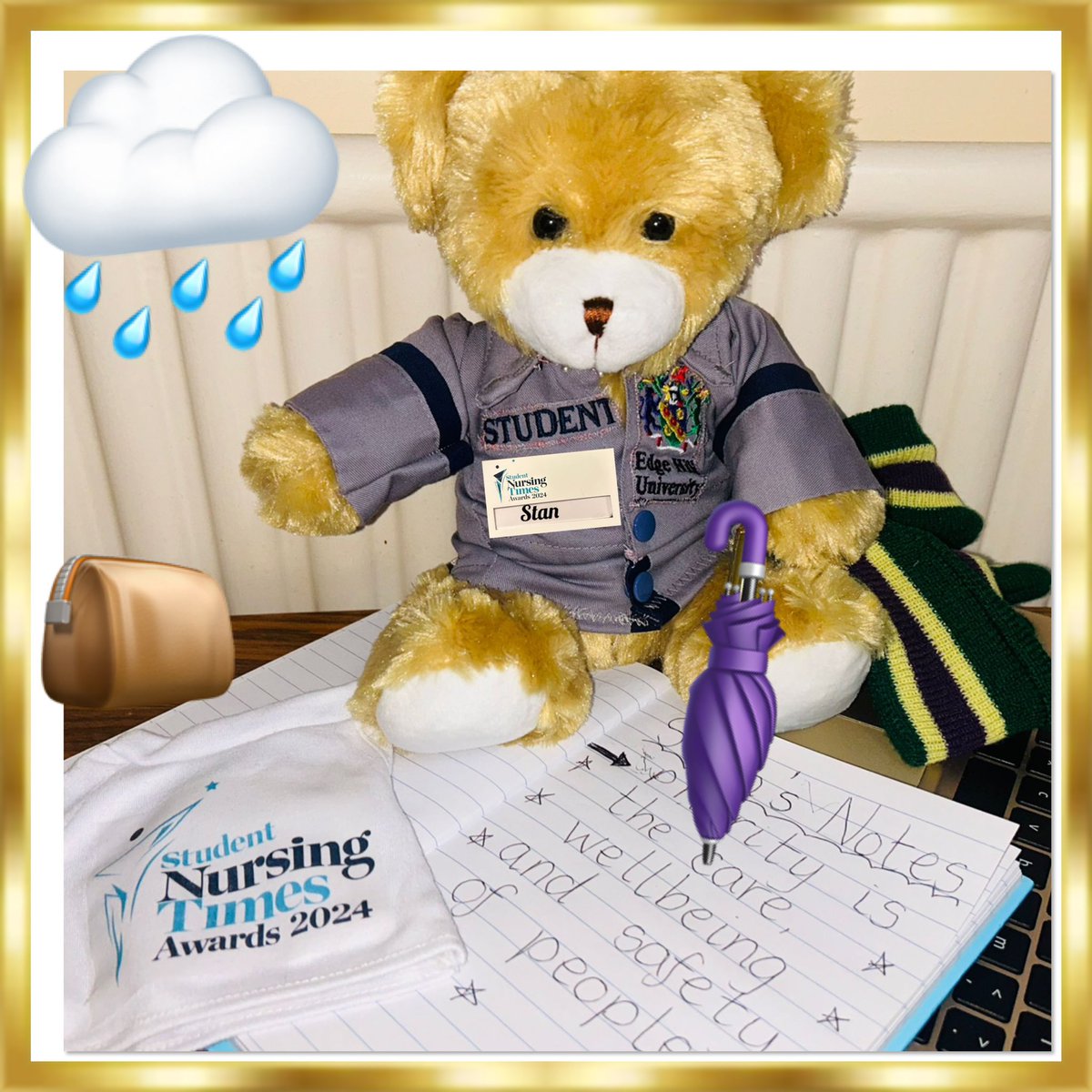 Another day studying for Stan. Today’s topics are all about equality,diversity and inclusion, areas that Stan is interested in. As always he was prepared for the showers on the way to university this morning.@NursingTimes #SNTABear