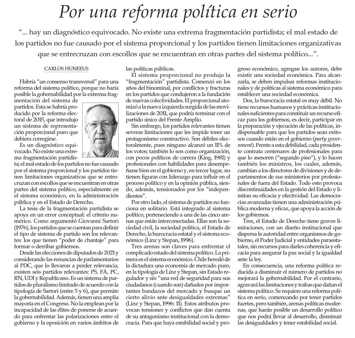 ´< Por una reforma política en serio > por @carloshuneeus @ElMercurio_cl 17abril2024