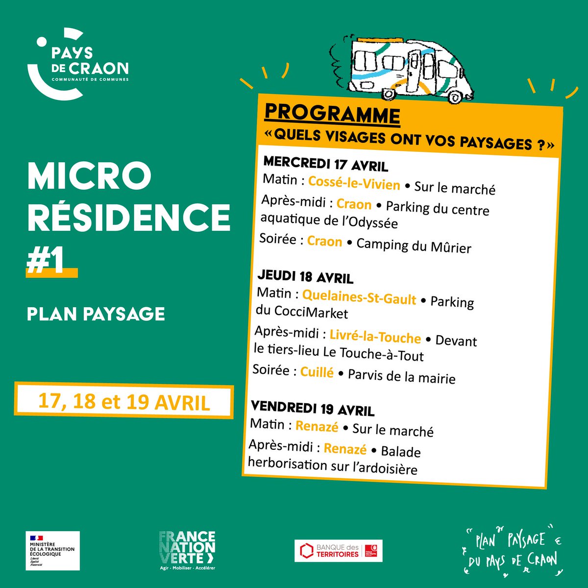 [ MICRO-RÉSIDENCE PLAN PAYSAGE ]🌳
L'objectif est d'aller à la rencontre des habitants, afin d'échanger sur les différents paysages du #PaysdeCraon.

Découvrez le programme de la 1ère micro-résidence du 17 au 19 avril 👇
Plus d'infos sur le plan paysage : bitly.ws/3i83z