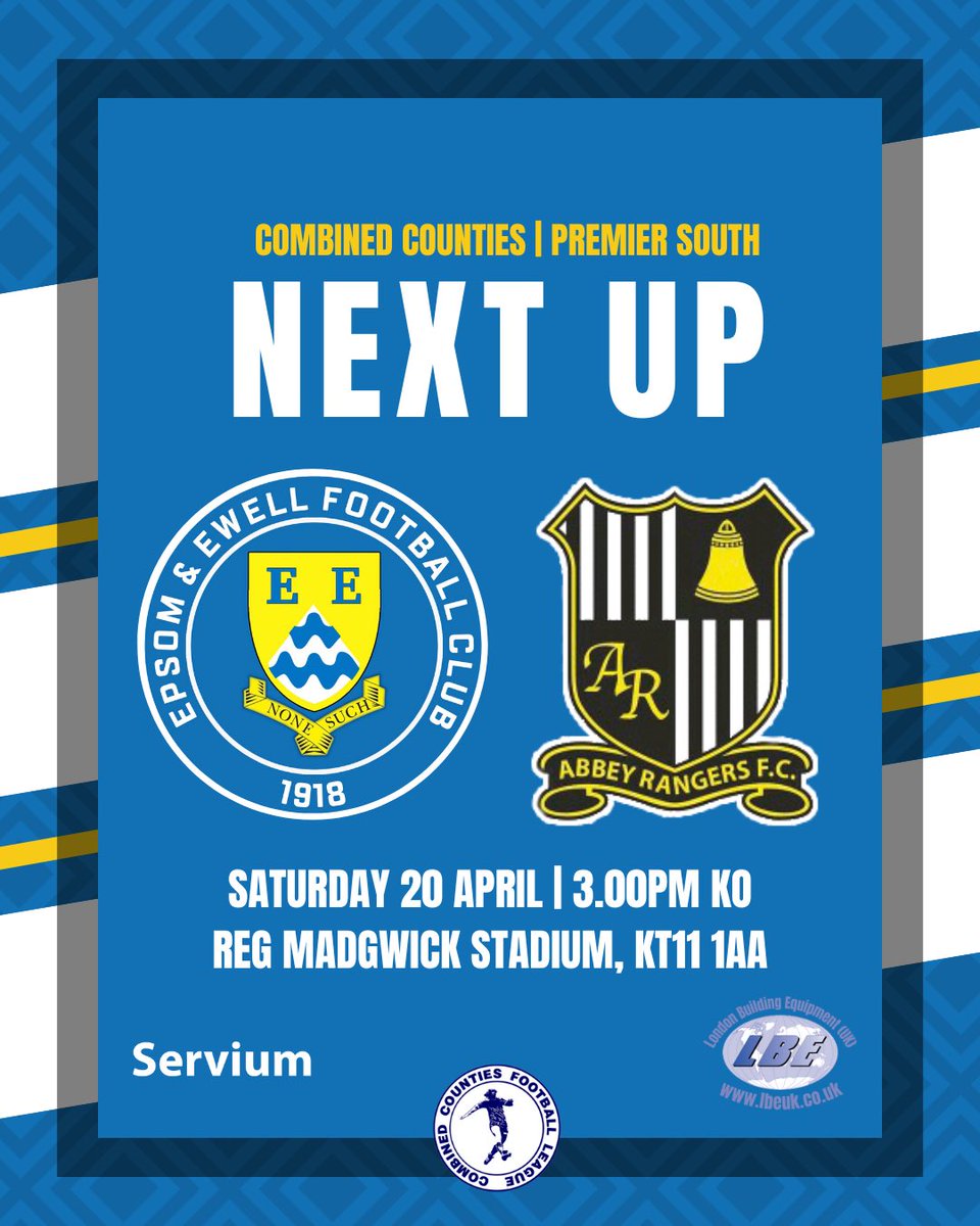 NEXT UP: our final home game at The Reg Madgwick Stadium, we play @ARFC_Official 

🏆 CCL | Prem
🗓️ Saturday 20th April
⏱️ KO 3pm
🏟️ The Reg Madgwick Stadium 
📍KT11 1AA

🅿️ Limited Overflow parking at Hollyhedge pay and display opposite the drive 

#WeAreEpsom | #Salts |#CCL