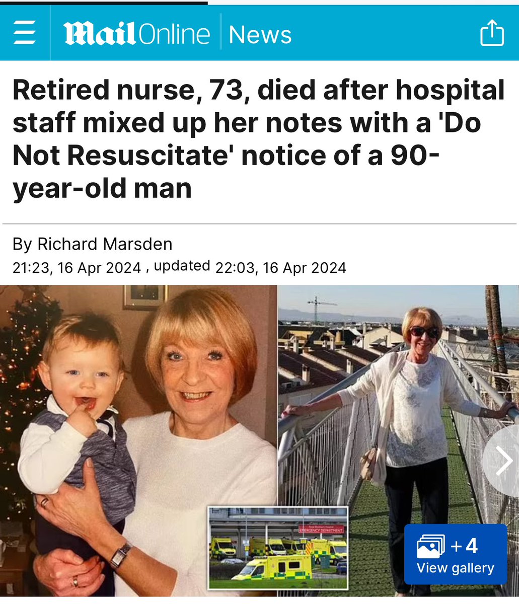 Retired Nurse Pat Dawson 73, died after hospital staff mixed up notes with a 90-year-old man with DNR notice dailymail.co.uk/news/article-1…