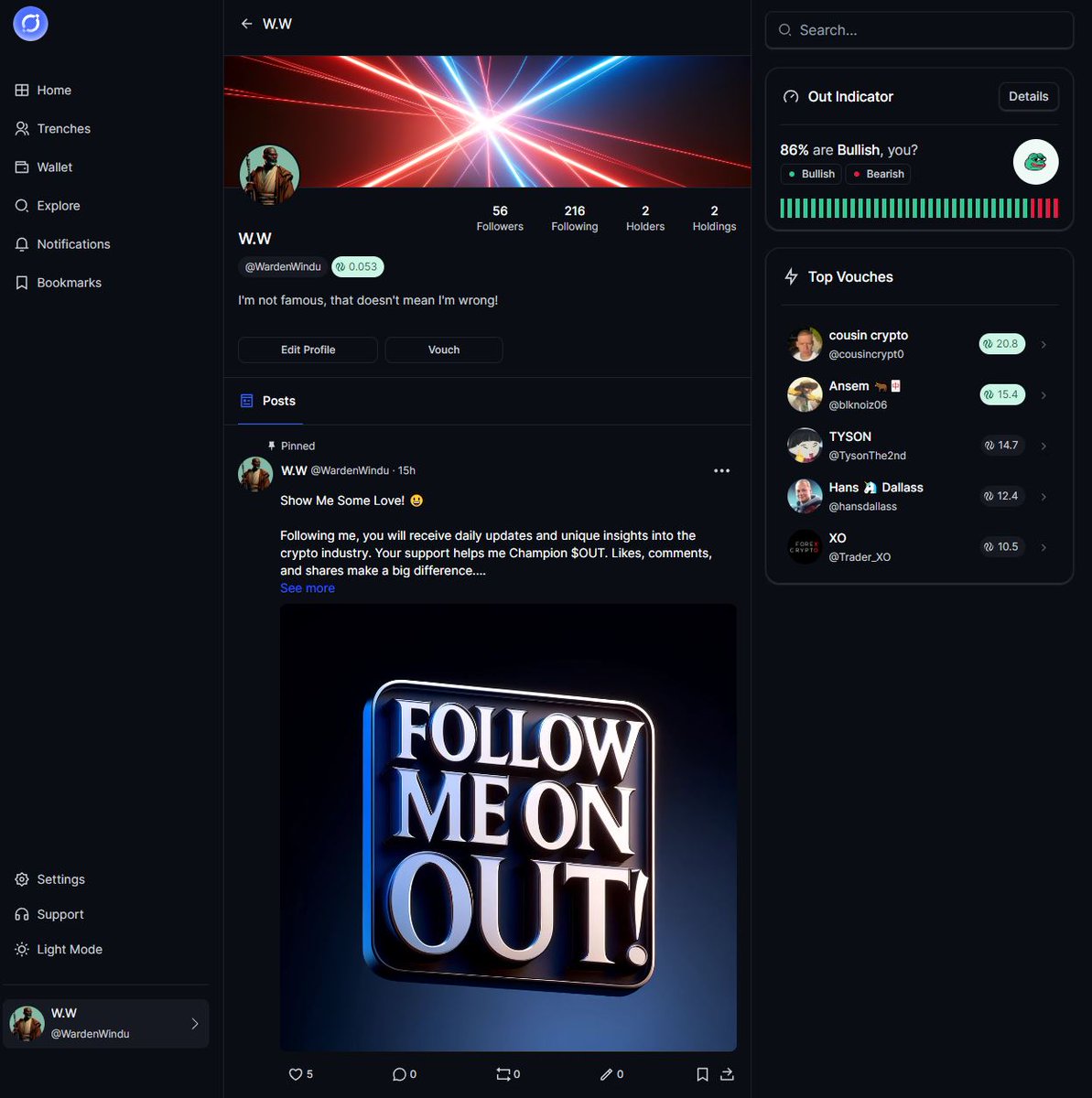 WardenWindu's tweet photo. Explore the next-generation platform for an enhanced crypto experience! 

🚀 On $OUT, you can mirror posts to Platform X and dive into 'Trenches'—groups you can create or join. They offer open, private, or vouched access. The vouching system is very interesting and full of surprises, I'll let you discover it @Outappofficial! Remember, to vouch, you'll need $INJ tokens. Earn points through activity! 

you can use my ref code: r854f478uqlrjnux

#CryptoCommunity #outARMY