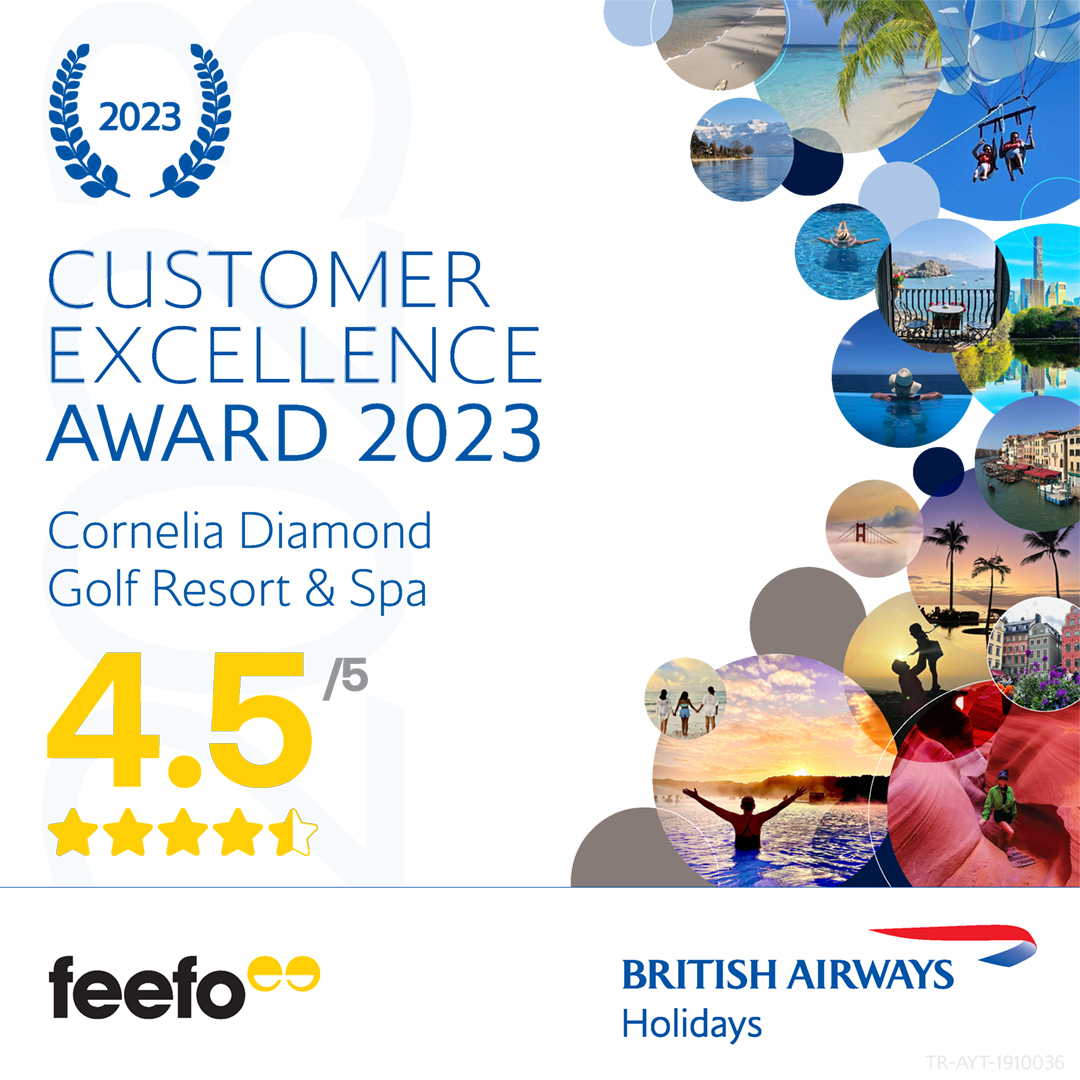 We're delighted to tell you that Cornelia Diamond Golf Resort & Spa is the recipient of a British Airways Holidays Customer Excellence Award. Thank you to all our guests #CorneliaDiamond #BritishAirwaysHolidays #Award #summer #CorneliaHotels #deluxe #GercekLuks #FollowCornelia