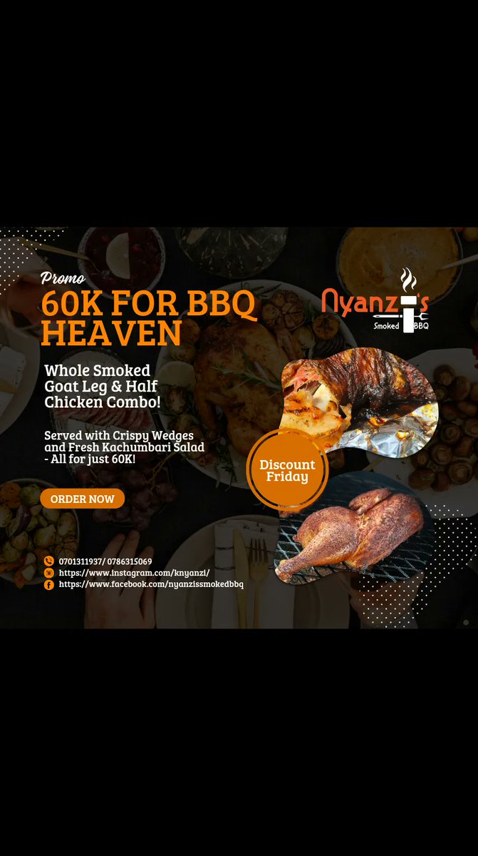 🔥 Don't Miss Out on our Smokin' Friday BBQ Deal! 🍗 Indulge in our Whole Smoked Goat Leg &amp; Half Chicken Combo, Served with Crispy Wedges and Fresh Kachumbari Salad - All for just 60K! 🎉 Grab your friends and join us for a sizzlin' feast! #FridayBBQ #SizzlingDeal