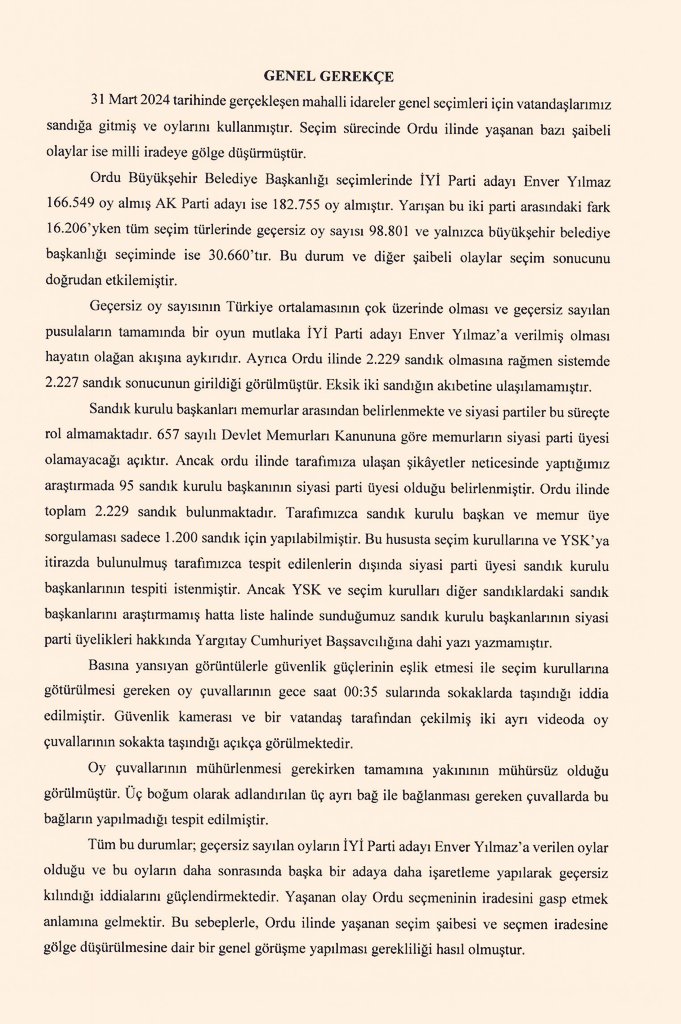 Grup Başkanvekilimiz Erhan Usta'nın 'Ordu ilinde yaşanan seçim şaibesi ve seçmen iradesine gölge düşürülmesi konusunda Türkiye Büyük Millet Meclisinin bilgilendirilmesi' amacıyla Meclis Başkanlığına sunduğu önerge reddedilmiştir.