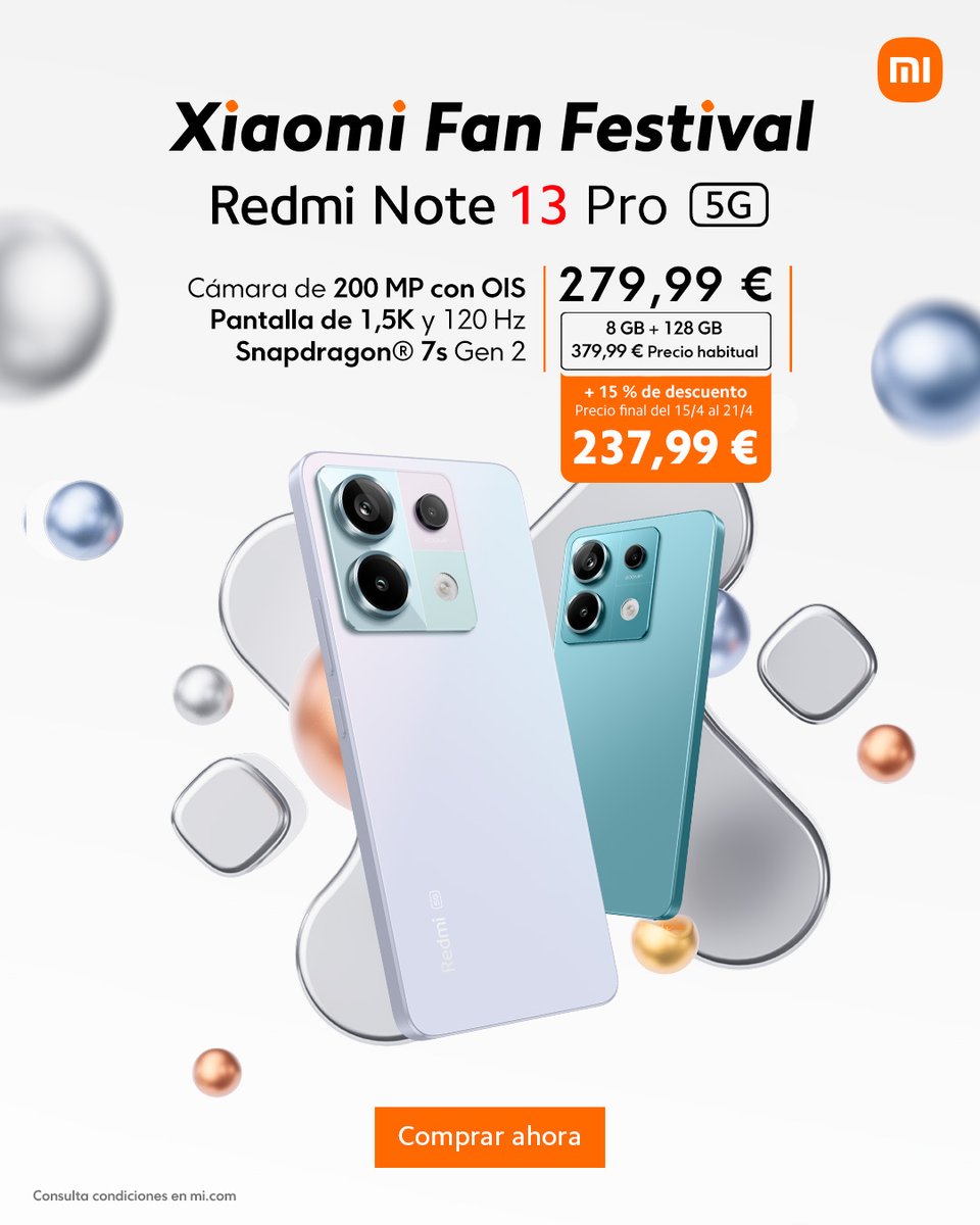 ⚡ ¡Es tu oportunidad de tener un #RedmiNote13Pro5G! ⚡ Aprovecha y disfruta su cámara de 200 MP, su pantalla de 1,5K y mucho más. ¡No te lo pierdas! 🤩 Descubre más sobre #XiaomiFanFestival2024 aquí: bit.ly/4ctwJHx