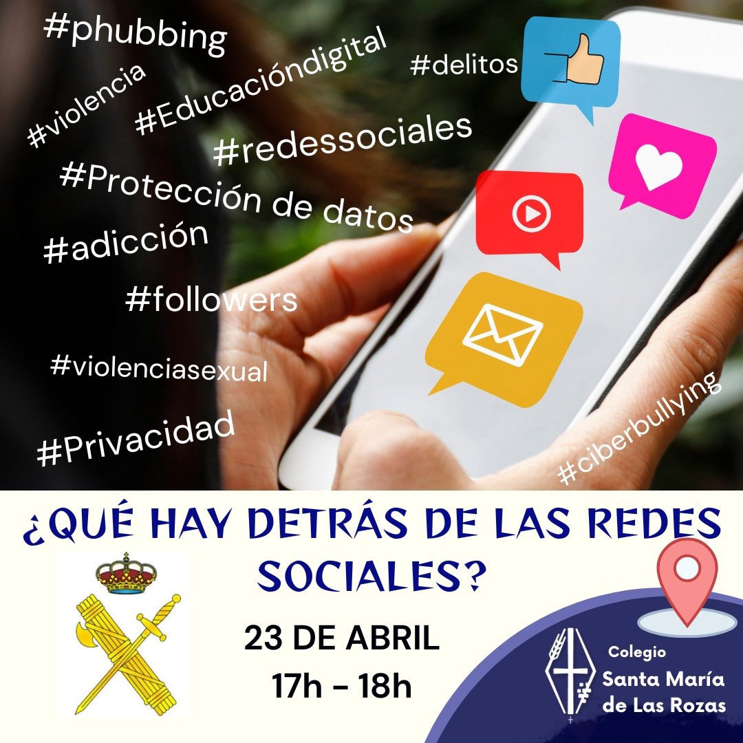 📌¡No os lo perdáis, estáis todos invitados! 📆 23 de abril ⏰ 17h ¿qué hay detrás de las redes sociales? Charla impartida por @LasRozasPolicia dentro del plan director. #colegiosantamaria #educacióndigital