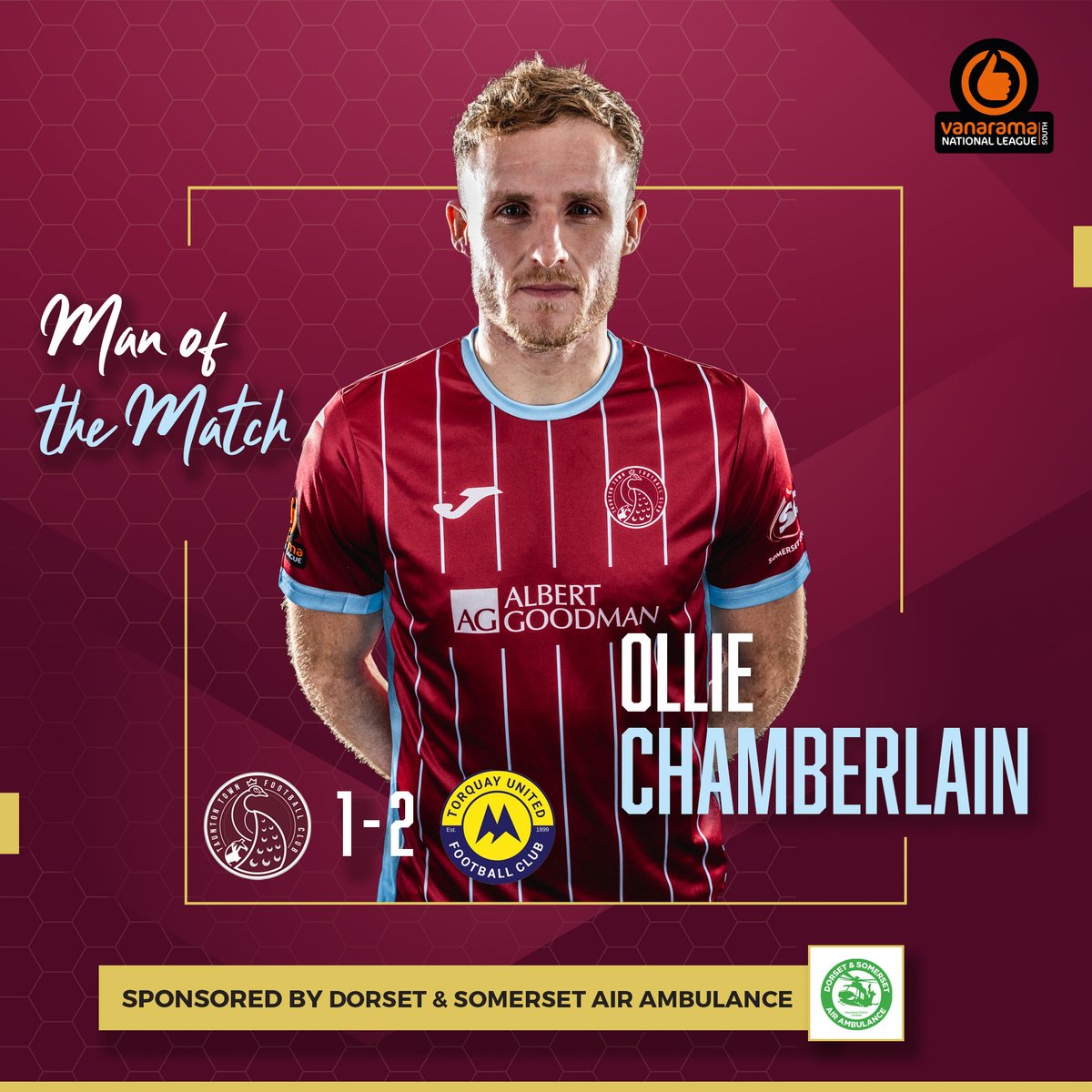 𝗠𝗮𝗻 𝗼𝗳 𝘁𝗵𝗲 𝗠𝗮𝘁𝗰𝗵 🏆🦚 Ollie Chamberlain was named as our @dsairambulance Man of the Match for his performance against Torquay United last night. Congratulations @_Chambo94 🙌🦚 #UpThePeacocks🦚