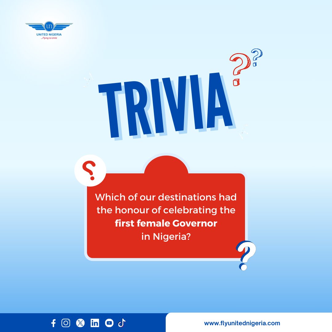 Which of our destinations had the honour of celebrating the first female Governor in Nigeria? Tip: 3 vowels and 4 consonants make up the word😉 Share your answers in the comments!💃 #UnitedNigeriaAirlines #FlyUnitedNigeriaAirlines #FlyingToUnite #AMoreRewardingWayToFly #quiz…