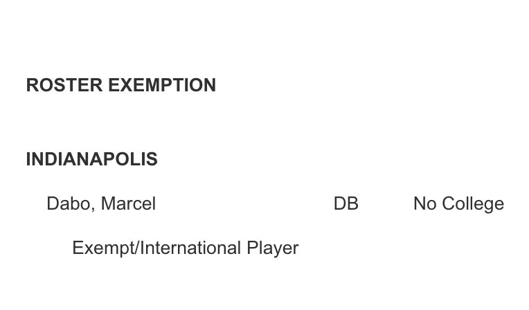 🇩🇪🏈 Marcel Dabo hat jetzt auch offiziell die Roster Exemption als 'International Player' für die 3. Saison bei den Indianapolis Colts. Er zählt damit nicht gegen das 90-man roster und kann als zusätzlicher Spieler auf die Practice Squad.