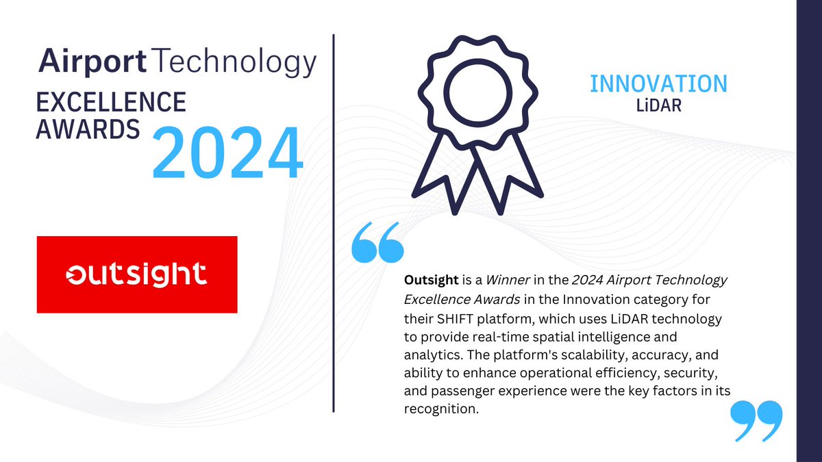We are pleased to announce that Outsight has won an award in the Innovation category in the 2024 Airport Technology Excellence Awards for its SHIFT platform, which enhances passenger tracking and curbside monitoring at airports. Read more here - bit.ly/4cXLfaG