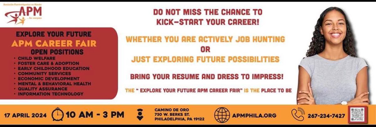 Don’t miss APM’s Job Fair! When : April 17, 2024 Where: Camino De Oro 730 W. Berks St. Philadelphia, PA 19122 Time: 10 AM - 2 PM Don’t forget to bring your resume!