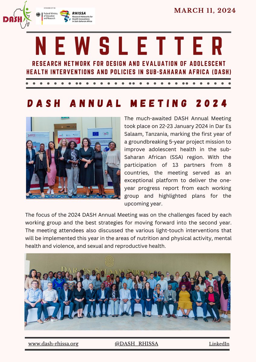 DASH_RHISSA's tweet photo. 📣The DASH project aims to improve adolescent health in the areas of nutrition and physical activity, mental health and violence, and sexual and reproductive health in sub-Saharan Africa. Read more about our latest activities in this newsletter. 📰 👏 https://t.co/spn3bd95t4