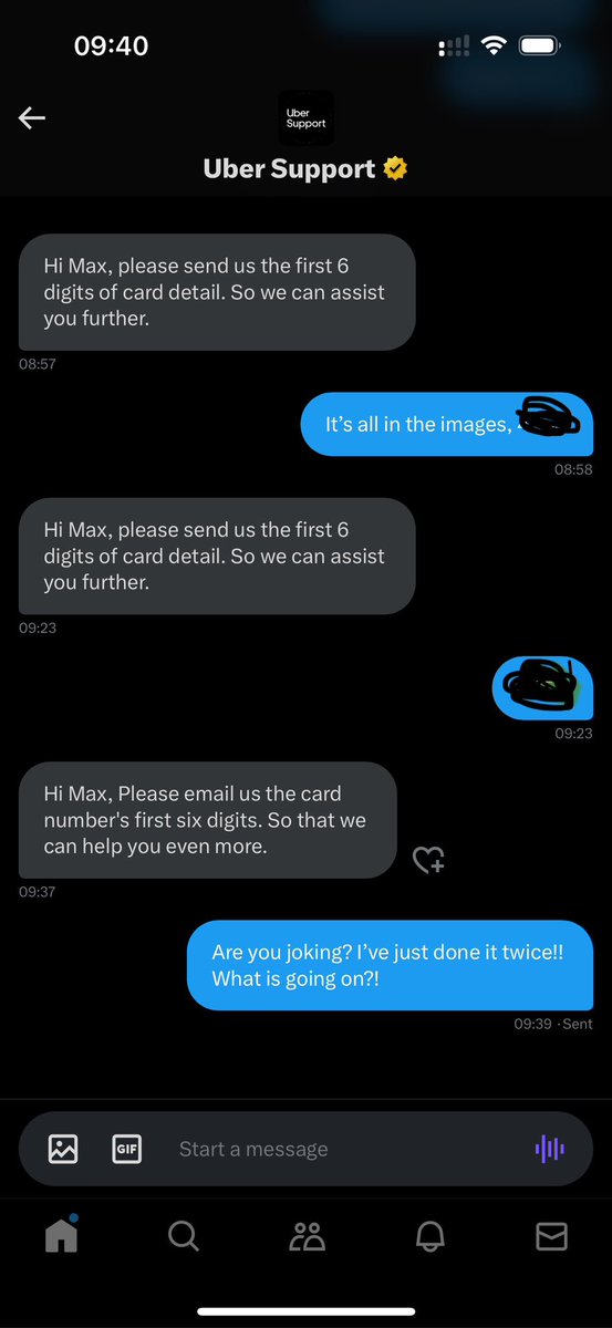 maximoooos1's tweet photo. @Uber_Support @UberEats I’ve been charged and never ordered anything. I’ve had to message you as on the app I kept on being asked the four digits on my debit card no less than 6 times and details of the transaction. I now choose X to sort it out and get the same response!!!! 😡😡 https://t.co/gaRIDE7s9F