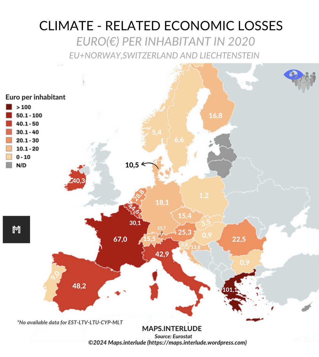 #Climate - Related Economic losses; Euro(€) per inhabitant in 2020. #EU + #Norway , #Switzerland and #Liechtenstein • Highest: 🇬🇷#Greece: 101,1€ • #maps #climatechange #clima #Economic