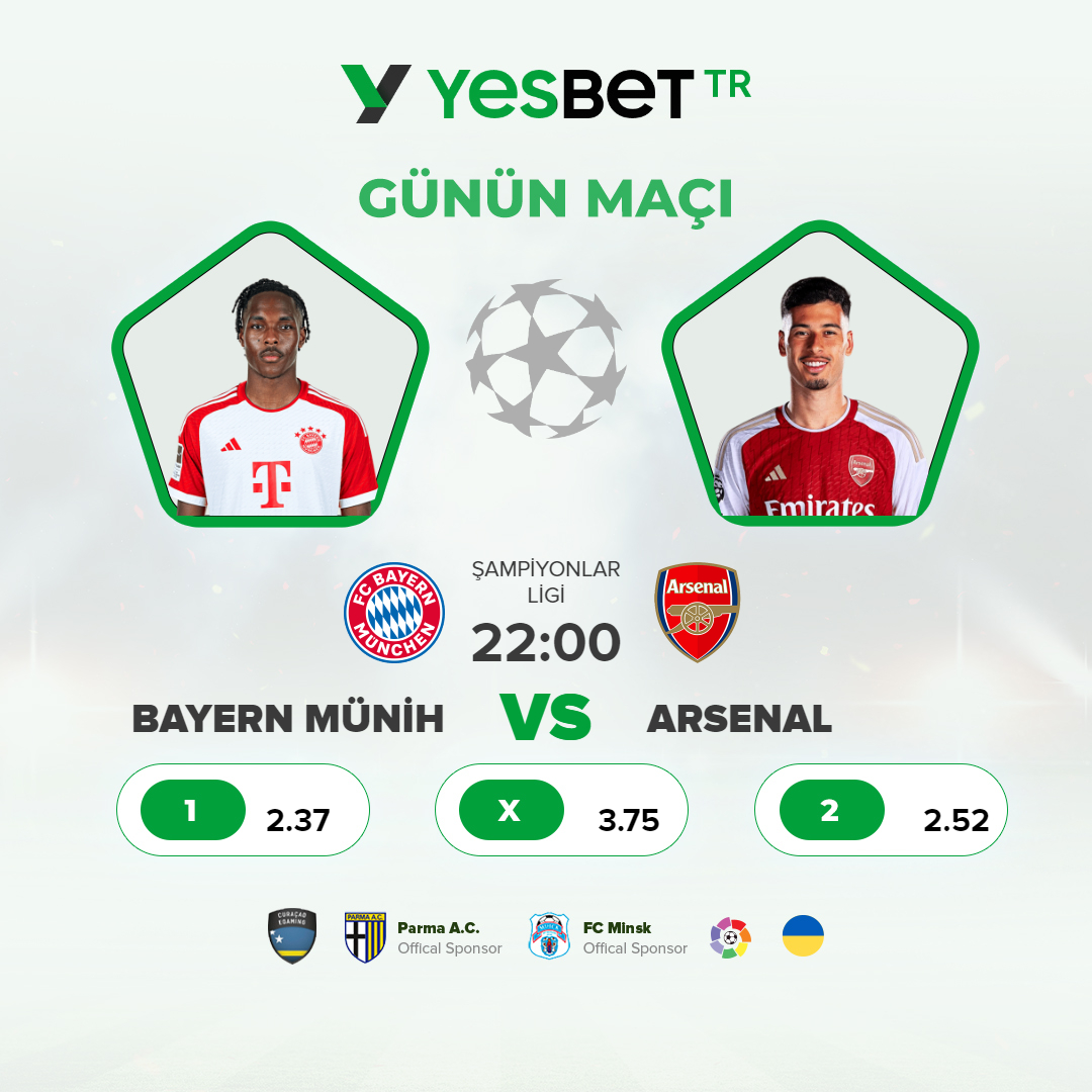 ResmiYesbet's tweet photo. ⚽️ Yesbet Günün Favorileri 1
Bayern Münih & Arsenal
✅%30 Avrupa Ligi Bonusu
✅%15 Çevrimsiz Üst Limitsiz Spor Bonusu
✅%25 Spor Kayıp Bonusu
✅3000 TL Hoşgeldin Bonusu
#yesbet #SampiyonlarLigi #BayernArsenal